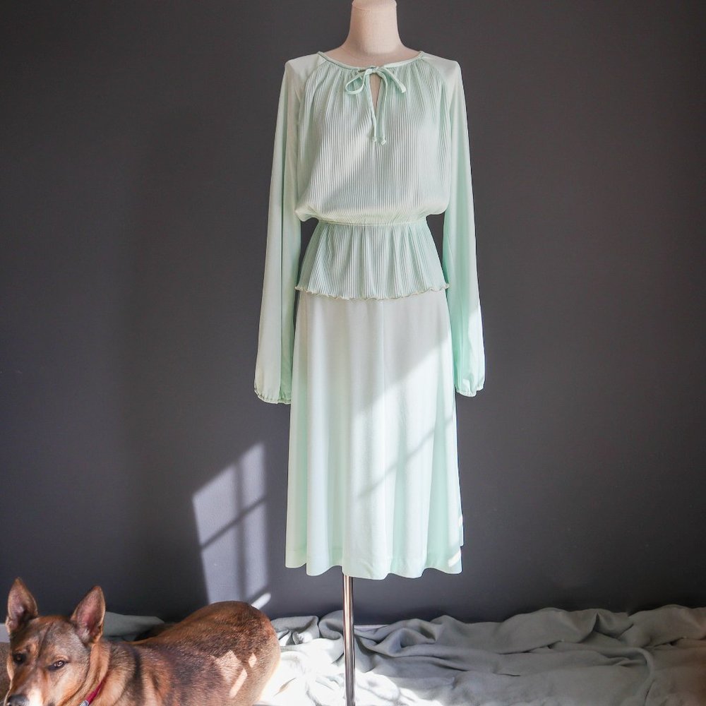 70's Peplum Micro Pleat Long Sleeve Secretary Dress